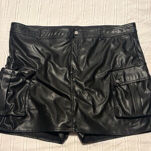 Black Faux Leather Cargo Skort